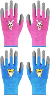 Immagine prodotto di Due paia di guanti in gomma per il giardinaggio e guanti da lavoro per bambini – protezione multifunzionale per uomo e donna (rosa e blu)