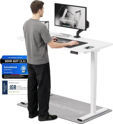 Produktbild von DESKSPACE PRO Plus Elektrisch höhenverstellbarer Schreibtisch, 140x70 cm Stehpult mit Memory-Funktion, Weiße Tischplatte, Weißes Gestell