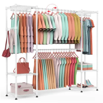 Produktbild von Schwerlast Kleiderständer Ausziehbar 200*40*198cm, Freistehendes Schranksystem mit 4 Stangen & 8 Ablagen, Metall Garderobe bis 363kg, weiß