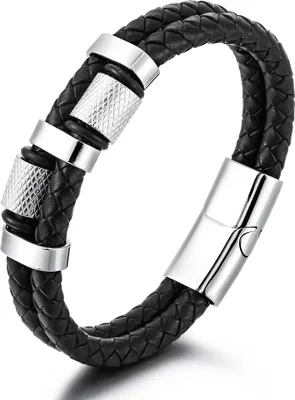 Obrázok produktu pre Pánsky kožený náramok, čierny a strieborný, nerezová oceľ 316L, darček, 21 cm