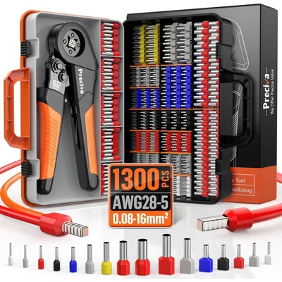 Zdjęcie produktu dla Zestaw zaciskarek do kabli i tulejek zaciskanych o przekroju od 0,08 do 16 mm², zawierający 350 tulejek dwużyłowych i 950 tulejek jednożyłowych, przeznaczony do zastosowań domowych i przemysłowych