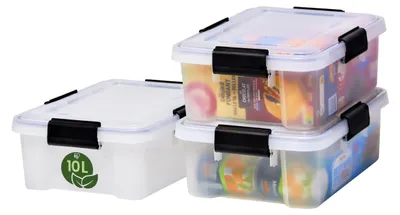 Produktbild von Iris Ohyama Luftdichte Kunststoff-Aufbewahrungsboxen mit Deckel, 10L, 3er-Set, Transparent, Recycelter Kunststoff, Hermetischer wasserdichter Verschluss, Stapelbar, Staubschutz, BPA-frei, AT-S