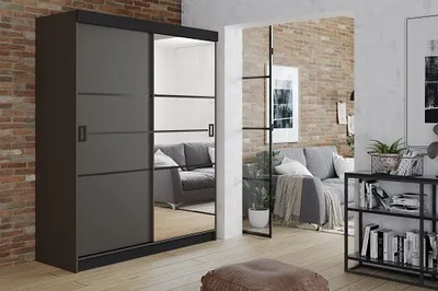 Produktbild von FurMeb24 Schiebetrenschrank RETRO 4-138x200cm Kleiderschrank mit Spiegel, 2-triger Schiebeschrank (Graphit Antrazit / Graphit Antrazit + Spiegel und schwarze Beschl€ge)