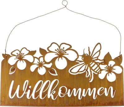 Produktbild von Schild Willkommen 40x20cm Metall mit Biene Blumen Hänger Eingangsschild Tür Deko