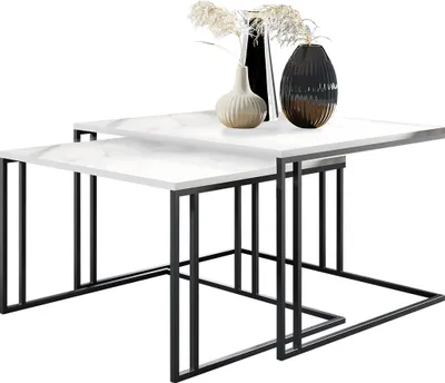 Produktbild von Mirjan24 Im Set zwei Couchtische Astro, Vierkantrohrrahmen aus Stahl, Wohnzimmertisch (Farbe: Schwarz / Bianco Marmor)