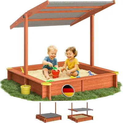 Produktbild von Sandkasten Max Sonnendach 140x140x120cm imprägniertes Holz Füllstand Skala UV 50+ Kantenschutz Bodenvlies Sandspielzeug Kinder Sandbox Sandkiste
