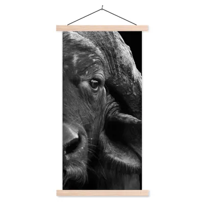 Produktbild von MuchoWow® Textilposter Büffel - Tiere - Schwarz - Weiß 60x120 cm mit holzfarbenen Rahmen - Holz