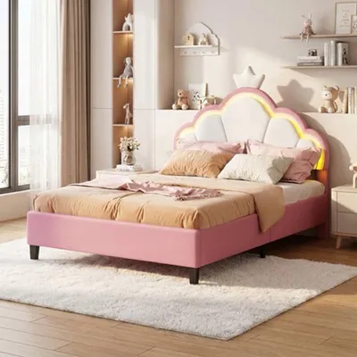 Immagine prodotto di Letto singolo per bambini - 90x200 cm - Struttura del letto in velluto rosa con illuminazione LED