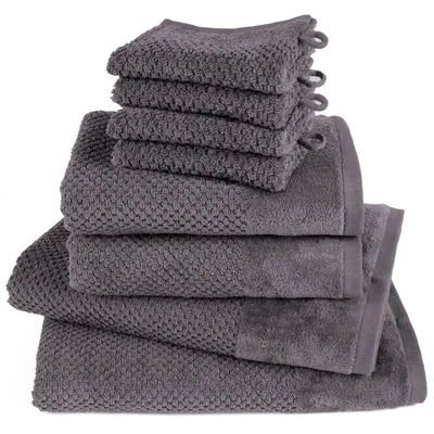 Produktbild von Pure Label 8-TLG Handtücher Set mit Aufhängeschlaufen aus Baumwolle - 2x Badetuch 70x140 cm 2x Handtuch 50x100 cm 4x Waschlappen 16x21 cm, Grau