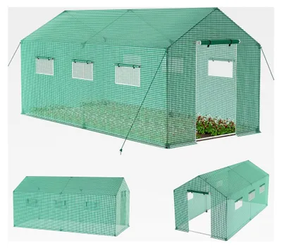 Produktbild von Winterfestes Foliengewächshaus für Tomaten mit Gitternetzfolie, Fenstern und Erdankern, Verzinktem Rohrrahmen, Frostschutz für den Gartenpflanzenanbau (9㎡, 4.5x2x2 m Grün)