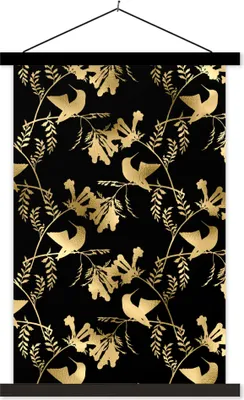 Produktbild von MuchoWow® Textilposter Muster - Vögel - Gold 120x180 cm mit schwarzem Rahmen - Fotos