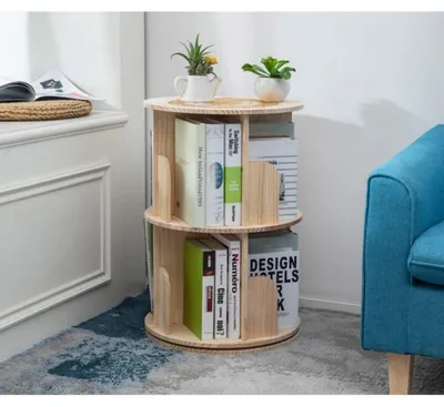 Productafbeelding van Draaibaar boekenkast, massief hout, 2 lagen, grenen, 68 cm hoog, 360° draaibaar