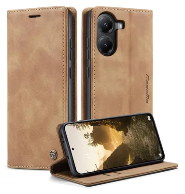 A brown leather flip case for a smartphone, shown from multiple angles with the phone inside.