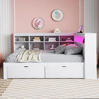 Produktbild von Sweiko Massivholzsofa 90x200 cm, Mit Ablagefächern, Bett mit USB- und Steckdose mit LED-Leiste, Mit Regalen und Ablagefächern, Einzelholzbett, Weiß