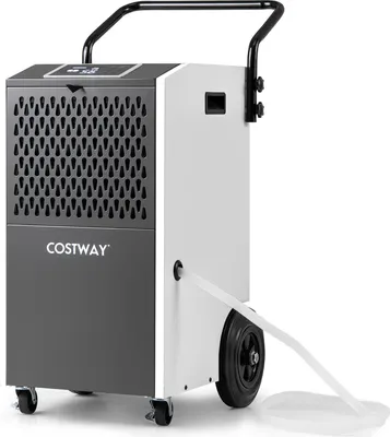 A commercial dehumidifier with a drain hose attached, shown on a white background.