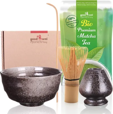 Immagine prodotto di Set cerimonia del tè matcha "Goma" con ciotola, frustino, supporto e polvere di matcha + latte al cocco – set giapponese per principianti