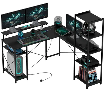 Productafbeelding van L-vormig bureau met oplaadstation, hoekbureau met monitorstandaard en planken, voor thuiswerkplek, kantoor, zwart