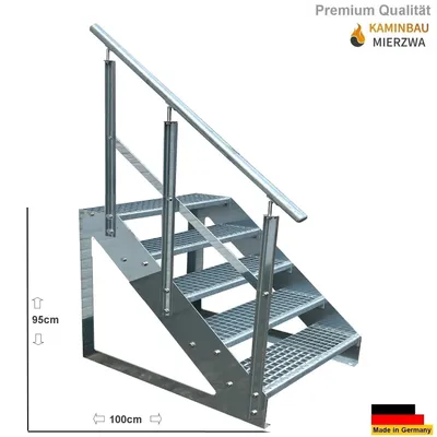 A galvanized steel staircase with a railing, shown against a white background with dimensions indicated.