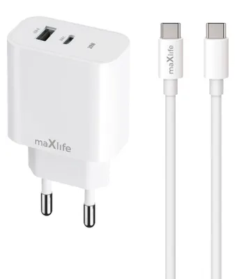Image de Chargeur Maxlife MXTC-06-20AC PD QC USB-C et USB avec câble USB-C vers USB-C 20 W (OEM0101312)