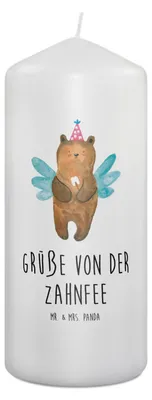 Produktbild von Mr. & Mrs. Panda Kerze Bär Zahnfee 19 x 8 cm - Weiß - Geschenk, Milchzahn, Erinnerungslicht, Wachskerze, Zylinderkerze, Bedruckte, Fee, Erster Zahn, Teddy, Stumpenkerze