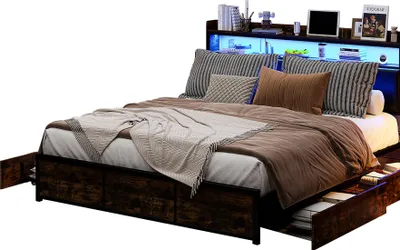 Immagine prodotto di Letto matrimoniale Moonbite 140x200 cm con illuminazione LED e 4 cassetti, testiera con vano portaoggetti, struttura inPoliuretanonero e legno, capacità di carico fino a 300 kg