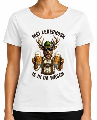 Obrázek produktu pro Mei Lederhosn – Pánské tričko s motivem jelenů a pivní tradice, model "Lederhose", barva bílá, velikost M