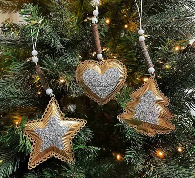 Produktbild von Christbaumschmuck Stern Baum Herz 3 Stück Gold Glitzer Christbaumanhänger