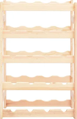 A wooden wine rack with multiple shelves.