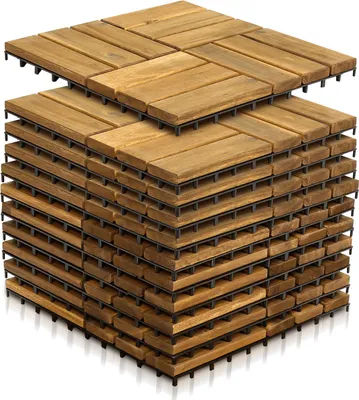 Zdjęcie produktu dla Izrielar 8 m² płytki drewniane na taras, 88 sztuk, mozaika drewniana 30 x 30 cm – płytki balkonowe odporne na warunki atmosferyczne z drewna akacjowego z systemem zatrzaskowym do tarasu i balkonu
