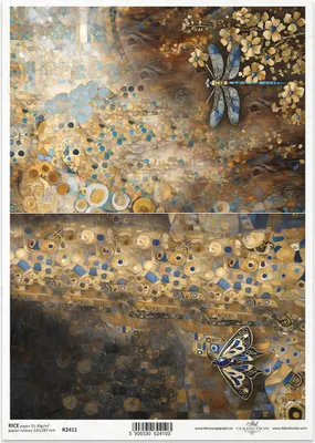 Produktbild von ITD Reispapier Decoupage Bastelpapier Serviettentechnik-R2411 Libellen, Schmetterlinge, Edelsteine - Inspiriert von Klimt