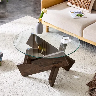 Produktbild von okwish Couchtisch Rund,Beistelltisch,Glasplatte Mit Holzoptik,Kreuzgestell,Sofatisch,Pflegeleicht Für Wohnzimmer Und Leseecke,Walnussholz