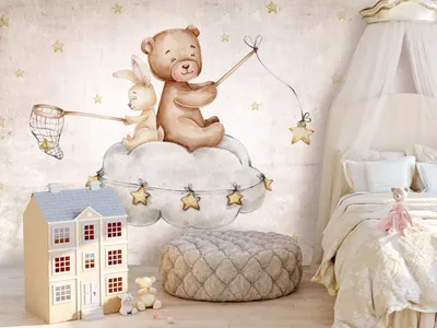 Produktbild von Vlies Fototapete für Kinder 350x256 cm Tapeten Wandtapete XXL Bär Wolken Himmel Tiere wie gemalt e-C-10001-a-a