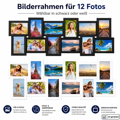 Produktbild von Bilderrahmen 12 Fotos Fotocollage Collage Kunststoff Hoch & Querformat Weiß