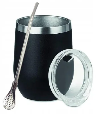Zdjęcie produktu dla Zestaw Matero do Yerba Mate TermoLid - Czarne 350ml z pokrywką + Bombilla