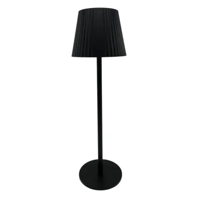 A black table lamp with a pleated shade and a round base, shown against a white background.