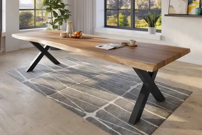 Produktbild von Baumkantentisch 400 x 120 cm Esstisch massiv Akazie Natur X-Gestell Schwarz TITAN
