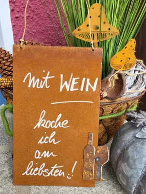 Produktbild von Edelrost Schild mit Weinflasche, Wein und kochen