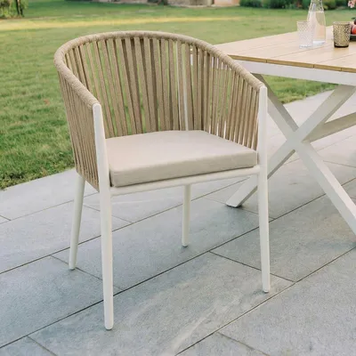 Produktbild von Gartenstühle ISOLA 6er Set, weiß/beige - Outdoor-Stuhl mit pulverbeschichtetem Aluminiumgestell, Rope Bespannung. Wasserabweisende, strapazierfähige Polster