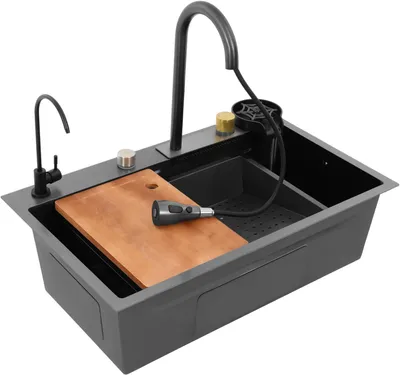 Produktbild von Schwarzes Spülbecken 75x45cm Edelstahl Einbauspüle Küchenspüle Rechteckig mit Wasserfallarmatur und Tassenreiniger