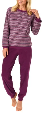Produktbild von Edler Damen Frottee Pyjama langarm Schlafanzug mit Bündchen in Streifenoptik - 291 13 902 ; rot , 36/38