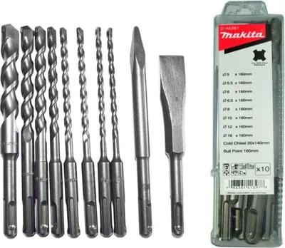 A set of Makita SDS-Plus drill bits and chisels is displayed on a white background, with the product packaging visible on the right.