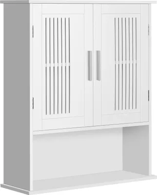 Image de kleankin Armoire murale, meuble haut salle de bain avec étagère réglable, double porte et étagère ouverte, meuble de salle de bain, meuble de rangement suspendu, 60 x 20 x 70 cm, blanc