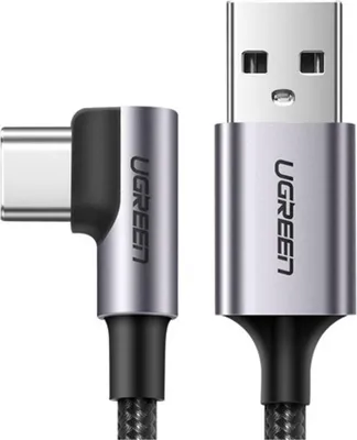 A close-up studio shot of a USB-A to USB-C cable with angled connectors.