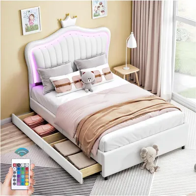 Productafbeelding van Kinderbed met Lades - Eenpersoonsbed Jugendbett - Slaapkamer Inrichten - Met LED Verlichting - 90 x 200 cm - Wit