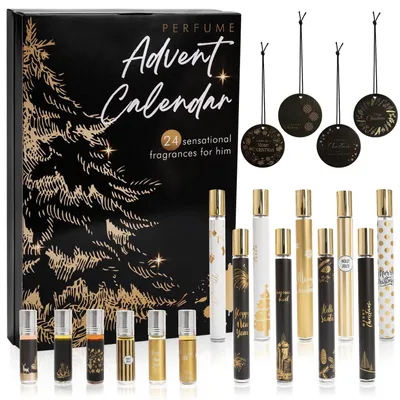 Zdjęcie produktu dla Kalendarz Adwentowy Perfum 2026 Męski Zestaw Zapachowy 24 elementy Zawiera 35 ml Perfumy Olejki Eteryczne i Dyfuzor Zapachowy do Auta Kalendarz