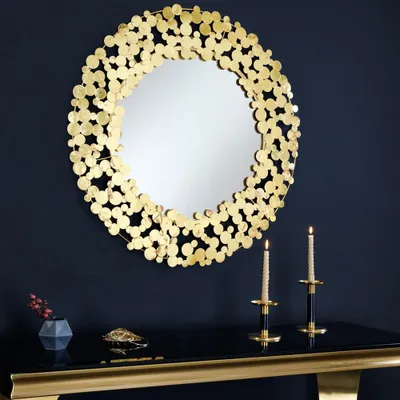 Produktbild von cagü: Retro Design Wandspiegel RONDA Gold Antik aus runden Eisenplättchen handgefertigt 80cm