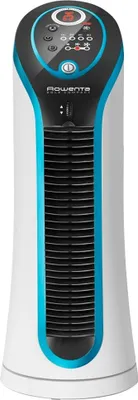 A white and blue tower fan with a black grill.