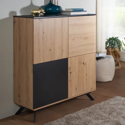 Produktbild von WOHNLING Highboard 110x125x40 cm MDF Sideboard in Eiche-Nachbildung / Schwarz Kommode mit 4 Türen Kommodenschrank Flurschrank Modern Standschrank Anrichte