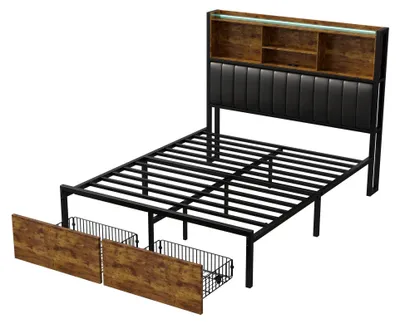 Obrázok produktu pre Manželská posteľ - čalúnená posteľ 160x200 cm - s úložným priestorom (zásuvkami) - USB nabíjací port - LED osvetlenie - poťah z velúru - čalúnená hlavica zPolyuretándreva - čierna