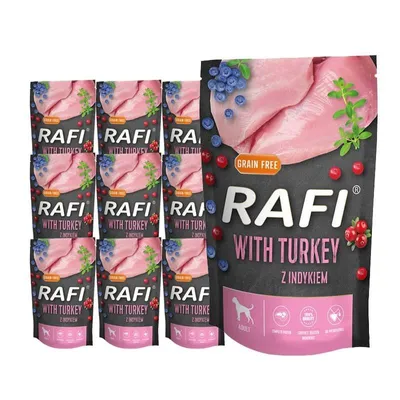 Karma mokra dla psów marki Rafi od producenta Dolina Noteci z indykiem w saszetkach 500 gram x10 szt